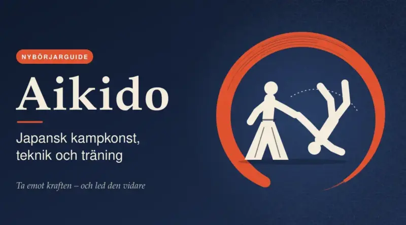 Grafisk illustration där en aikidoutövare i hakama leder en partner in i ett kast inuti en röd penseldragen ensō-cirkel, bredvid texten "Aikido – japansk kampkonst, teknik och träning".