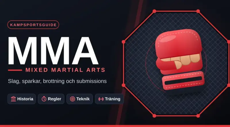 Grafisk illustration med texten MMA – mixed martial arts och ämnena historia, regler, teknik och träning bredvid en röd MMA-handske i en åttkantig bur.