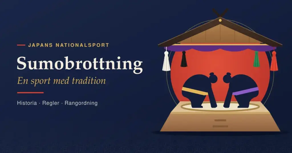 Stiliserad illustration av två sumobrottare i startposition på en dohyo under ett hängande tak i shintostil med färgade tofsar mot en röd sol, bredvid texten ”Sumobrottning – en sport med tradition”.
