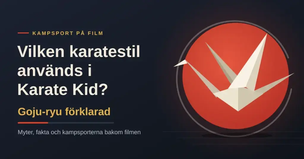 Grafisk bild med texten "Vilken karatestil används i Karate Kid? Goju-ryu förklarad" bredvid en origamitrana framför en röd sol på mörk bakgrund.